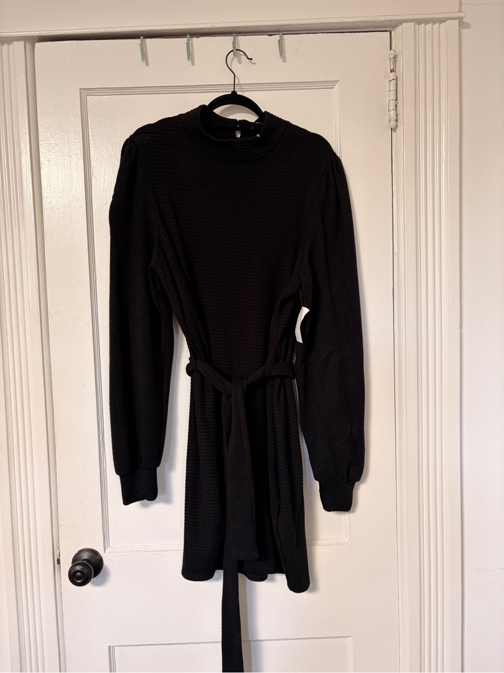 Waist-Tie Long-Sleeve Sweater Dress in Black